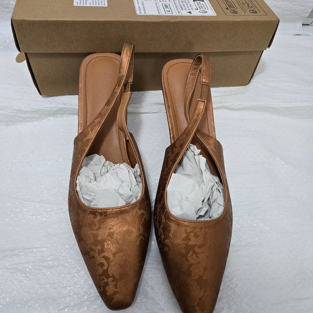 Copper Bronze Jacquard Floral Slingback Pointed Toe Flats Low Block Heel Sz 42